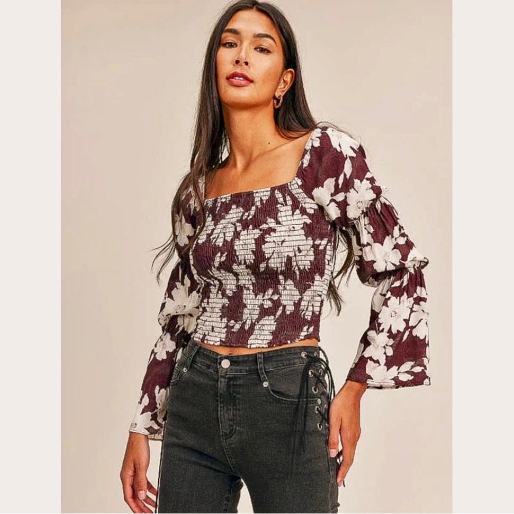 Sage the Label Sabrina Top - floral burgundy fashion blouse